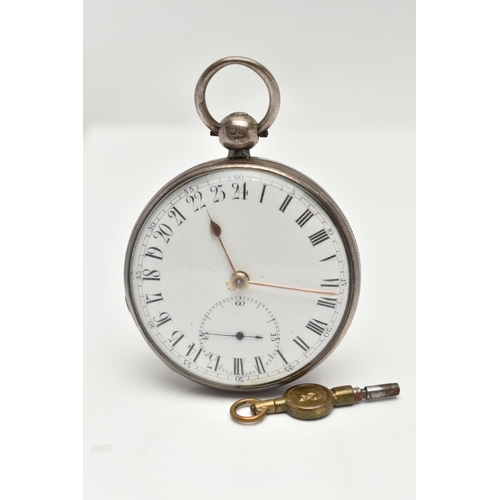 106 - AN EARLY VICTORIAN SILVER OPEN FACE TWENTY FOUR HOUR POCKET WATCH, key wound, round white dial, half... 