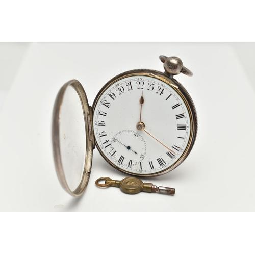 106 - AN EARLY VICTORIAN SILVER OPEN FACE TWENTY FOUR HOUR POCKET WATCH, key wound, round white dial, half... 