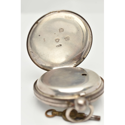 106 - AN EARLY VICTORIAN SILVER OPEN FACE TWENTY FOUR HOUR POCKET WATCH, key wound, round white dial, half... 