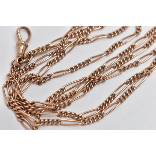 107 - A YELLOW METAL LONGUARD CHAIN, figaro chain fitted with a lobster clasp, stamped 9ct, length 1000mm,... 