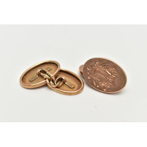 109 - A PAIR OF 9CT GOLD CUFFLINKS, oval chain link cufflinks with engraved monograms, hallmarked 9ct Birm... 