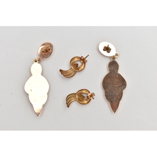 118 - TWO PAIRS OF EARRINGS, the first a pair of drop earrings of plait design, with 9ct hallmark, togethe... 