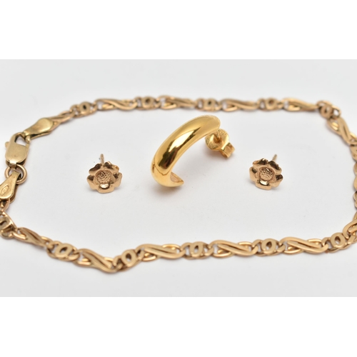 119 - THREE ITEMS OF JEWELLERY, to include a 9ct gold fancy link bracelet, with 9ct import mark, length 19... 