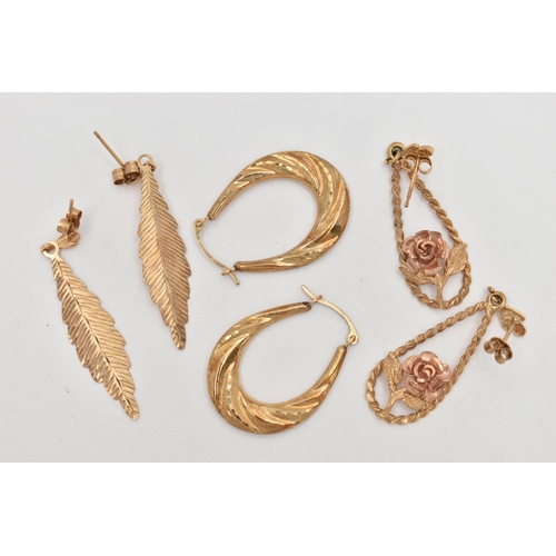 120 - THREE PAIRS OF EARRINGS, to include a pair of 9ct gold drop earrings, designed as a drop shape enclo... 