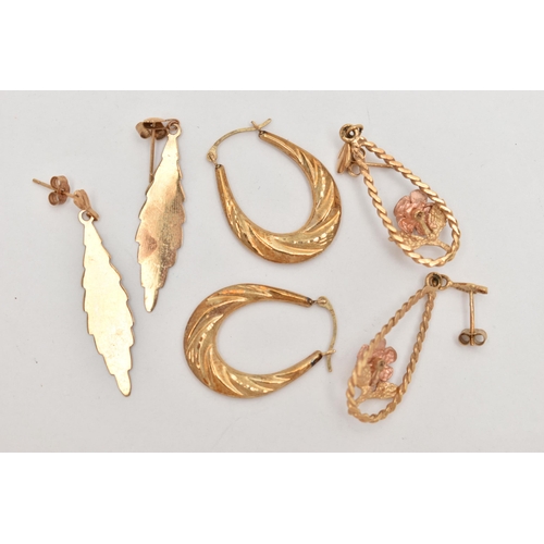 120 - THREE PAIRS OF EARRINGS, to include a pair of 9ct gold drop earrings, designed as a drop shape enclo... 