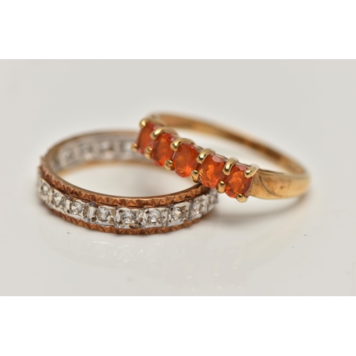 122 - TWO 9CT GOLD RINGS, the first claw set with five oval cut orange gems, assessed as paste, ring size ... 