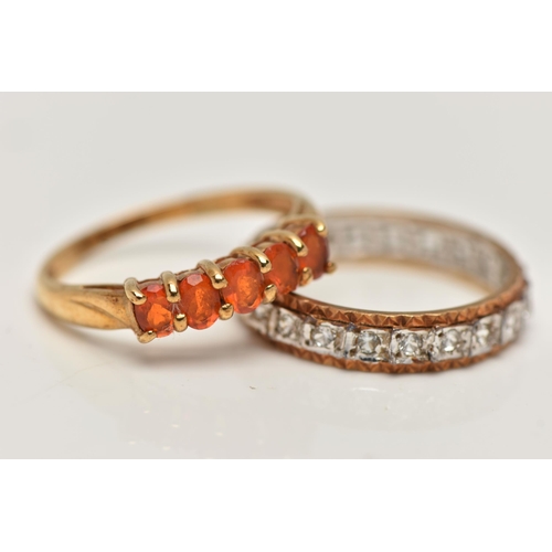 122 - TWO 9CT GOLD RINGS, the first claw set with five oval cut orange gems, assessed as paste, ring size ... 