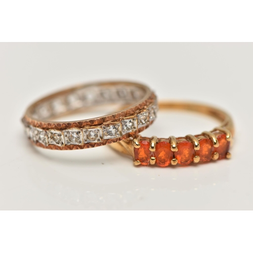 122 - TWO 9CT GOLD RINGS, the first claw set with five oval cut orange gems, assessed as paste, ring size ... 