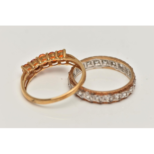 122 - TWO 9CT GOLD RINGS, the first claw set with five oval cut orange gems, assessed as paste, ring size ... 