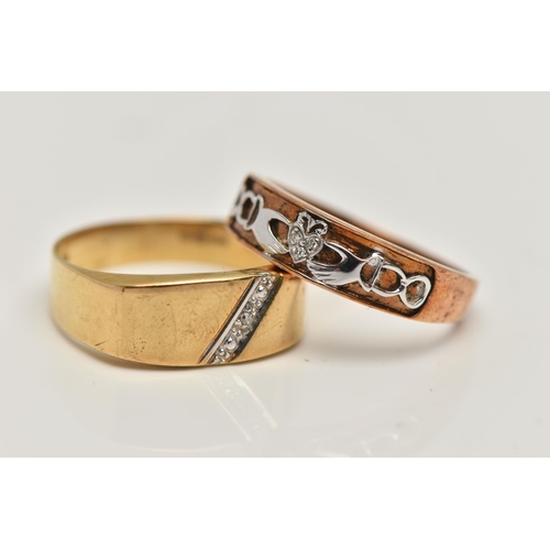 124 - TWO 9CT GOLD DIAMOND SET RINGS, the first of signet ring design set with single cut diamond, ring si... 