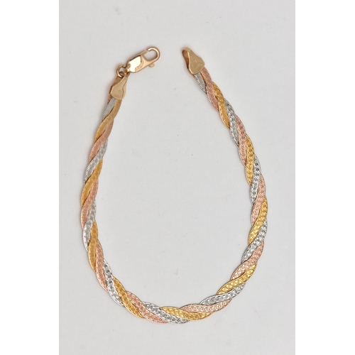 125 - A 9CT GOLD TRI-COLOUR BRACELET, the white, rose and yellow gold flattened chains in a woven design, ... 