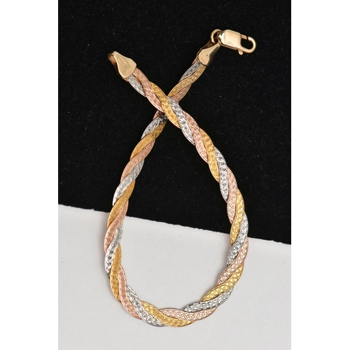 125 - A 9CT GOLD TRI-COLOUR BRACELET, the white, rose and yellow gold flattened chains in a woven design, ... 