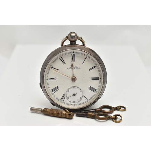 126 - A LATE VICTORIAN SILVER OPEN FACE POCKET WATCH, the A.W.W. Co. Waltham Mass pocket watch with white ... 