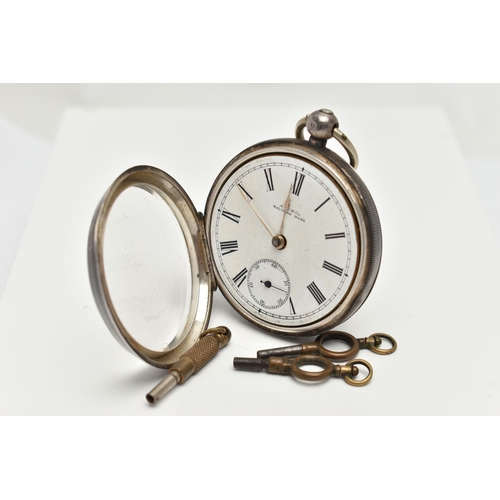 126 - A LATE VICTORIAN SILVER OPEN FACE POCKET WATCH, the A.W.W. Co. Waltham Mass pocket watch with white ... 