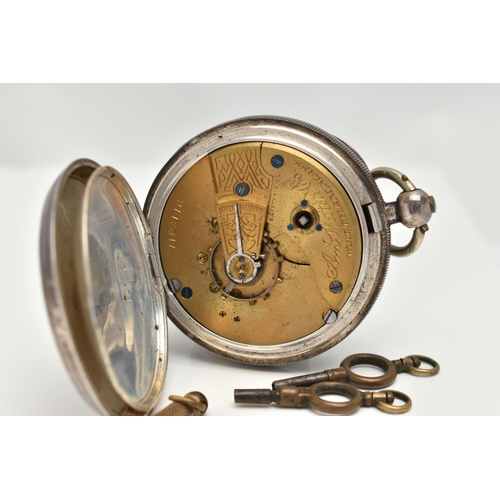 126 - A LATE VICTORIAN SILVER OPEN FACE POCKET WATCH, the A.W.W. Co. Waltham Mass pocket watch with white ... 