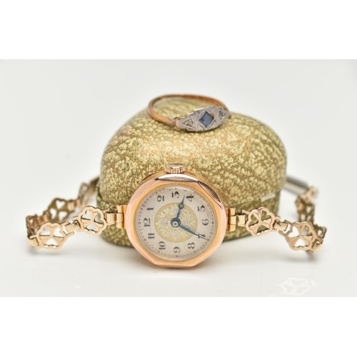 128 - AN EDWARDIAN 9CT GOLD CASE WATCH AND A SAPPHIRE AND DIAMOND RING, the watch with a 9ct gold watch he... 