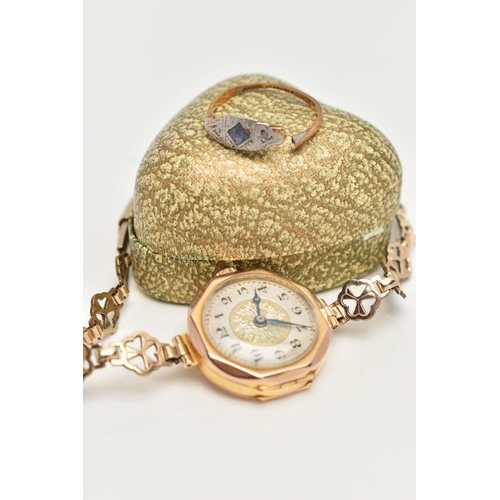 128 - AN EDWARDIAN 9CT GOLD CASE WATCH AND A SAPPHIRE AND DIAMOND RING, the watch with a 9ct gold watch he... 