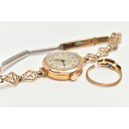 128 - AN EDWARDIAN 9CT GOLD CASE WATCH AND A SAPPHIRE AND DIAMOND RING, the watch with a 9ct gold watch he... 