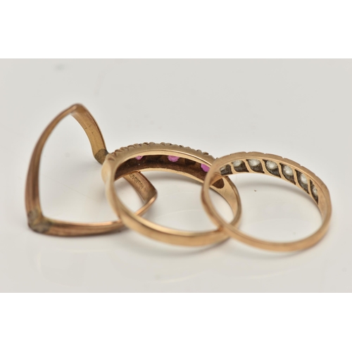 131 - TWO 9CT GOLD GEM SET RINGS AND A ROLLED GOLD RING, the first  set with four circular cut rubies inte... 