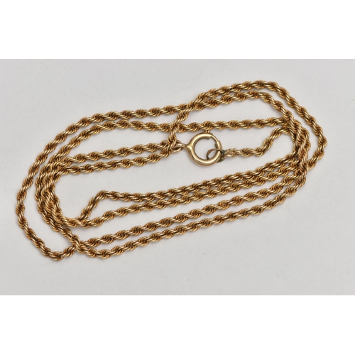 134 - A YELLOW METAL ROPE CHAIN NECKLACE, approximate length 550mm, fitted with a spring clasp, stamped 9k... 