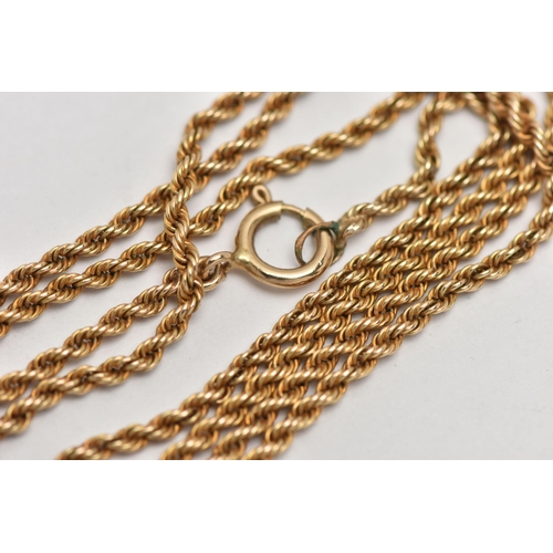 134 - A YELLOW METAL ROPE CHAIN NECKLACE, approximate length 550mm, fitted with a spring clasp, stamped 9k... 