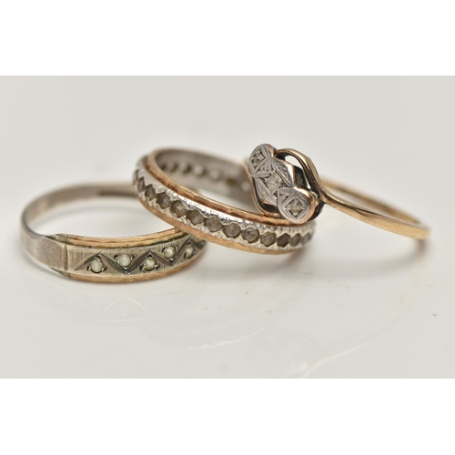 135 - THREE GEM SET RINGS, the first a three stone diamond ring, mounted with twisted shoulders, stamped 9... 