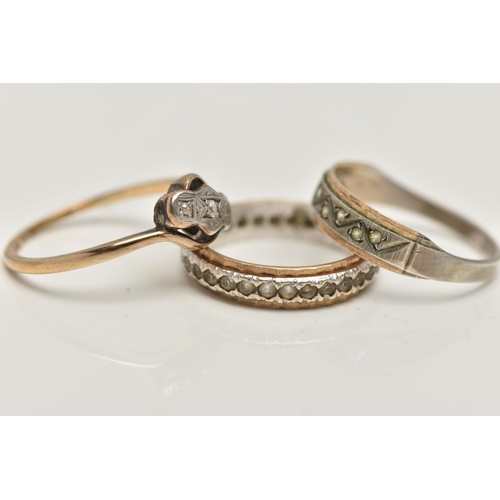 135 - THREE GEM SET RINGS, the first a three stone diamond ring, mounted with twisted shoulders, stamped 9... 