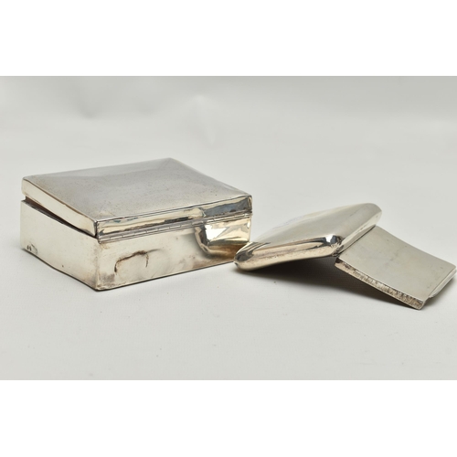 217 - A GEORGE V SILVER TOBACCO BOX AND A SILVER CIGARETTE BOX, the tobacco box of plain rectangular form ... 