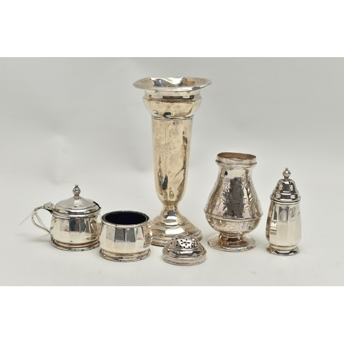 218 - A GEORGE I SILVER BUN TOP PEPPER AND A SMALL PARCEL OF LATER SILVER CRUET ITEMS, ETC, the pepper wit... 