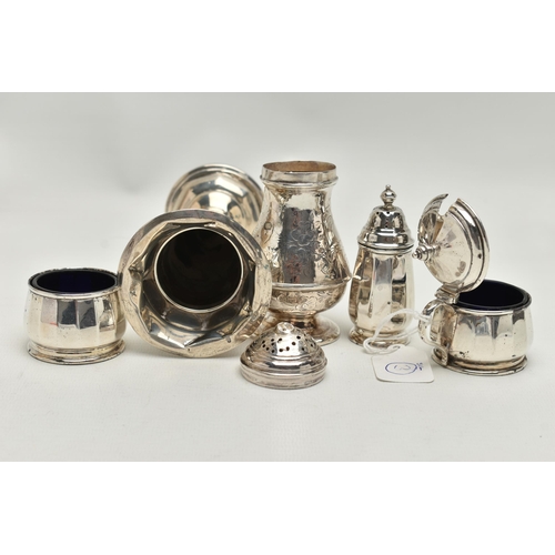 218 - A GEORGE I SILVER BUN TOP PEPPER AND A SMALL PARCEL OF LATER SILVER CRUET ITEMS, ETC, the pepper wit... 