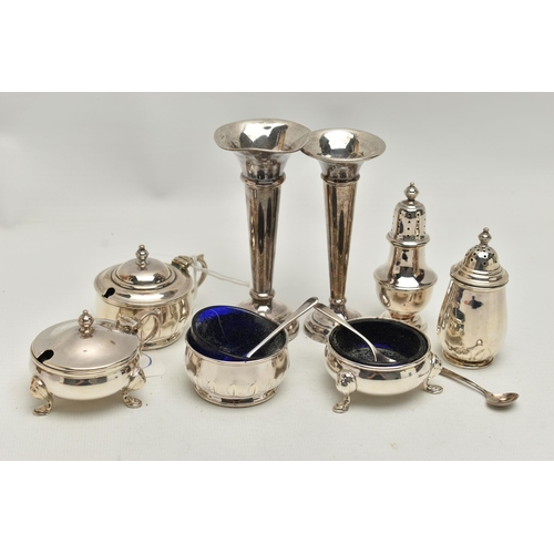 221 - A PARCEL OF 20TH CENTURY SILVER CRUET ITEMS, POSY VASES, ETC, comprising two three piece cruet sets,... 