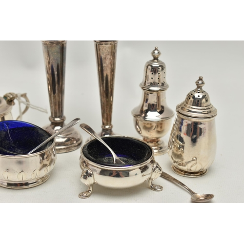 221 - A PARCEL OF 20TH CENTURY SILVER CRUET ITEMS, POSY VASES, ETC, comprising two three piece cruet sets,... 