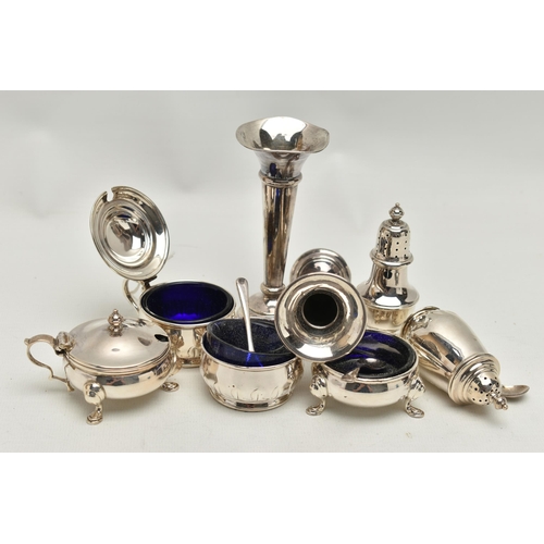 221 - A PARCEL OF 20TH CENTURY SILVER CRUET ITEMS, POSY VASES, ETC, comprising two three piece cruet sets,... 