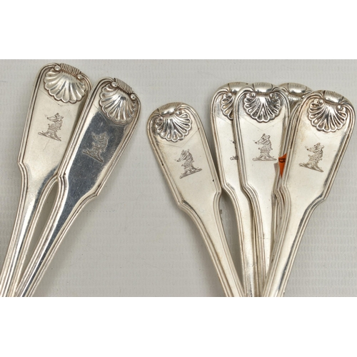 223 - AN ASSORTMENT OF GEORGE III SILVER CUTLERY, five table spoons, four desert forks, six forks, all she... 