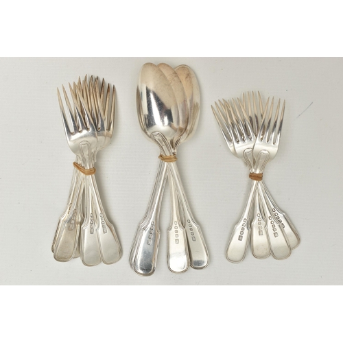 223 - AN ASSORTMENT OF GEORGE III SILVER CUTLERY, five table spoons, four desert forks, six forks, all she... 