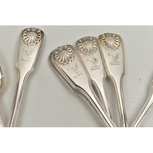 224 - A PART CANTEEN OF 19TH CENTURY FLATWARE, to include a shell pattern fork, engraved with a family cre... 