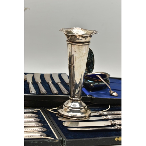 238 - A PARCEL OF SILVER ITEMS, to include a pair of tapered polished posy vases, on round weighted bases,... 