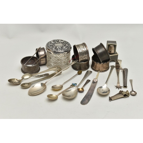 239 - A PARCEL OF SILVER ITEMS, to include six silver napkin rings, each with a full silver hallmark, a gl... 