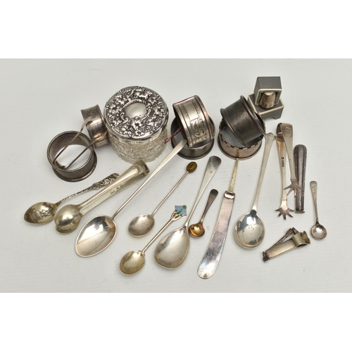 239 - A PARCEL OF SILVER ITEMS, to include six silver napkin rings, each with a full silver hallmark, a gl... 