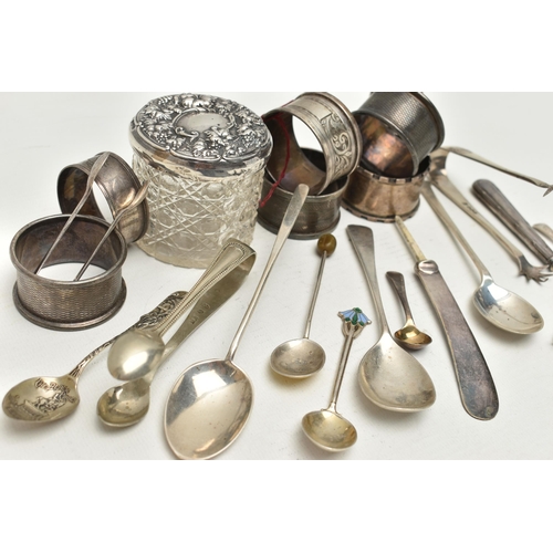 239 - A PARCEL OF SILVER ITEMS, to include six silver napkin rings, each with a full silver hallmark, a gl... 