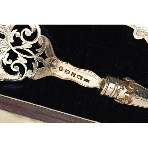 242 - A CASED MID VICTORIAN SILVER FISH SERVER SET, comprising of knife and fork server, open work foliage... 