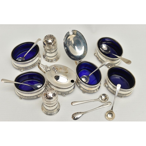 244 - AN EIGHT PIECE SILVER CONDIMENT SET, comprising of four pierced salts each on four ball feet with bl... 