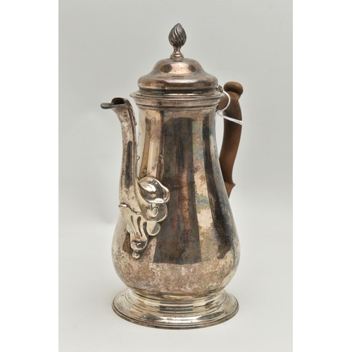 247 - A GEORGE II SILVER COFFEE POT, polished form, fitted with a light brown wooden scroll handle, shell ... 