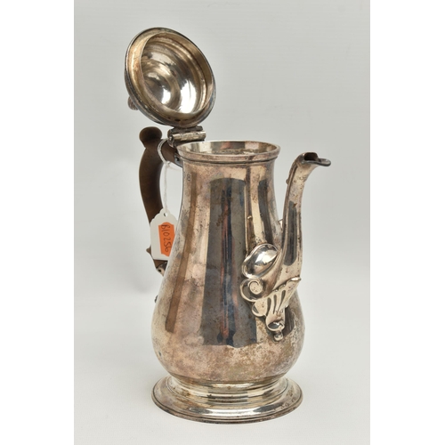 247 - A GEORGE II SILVER COFFEE POT, polished form, fitted with a light brown wooden scroll handle, shell ... 