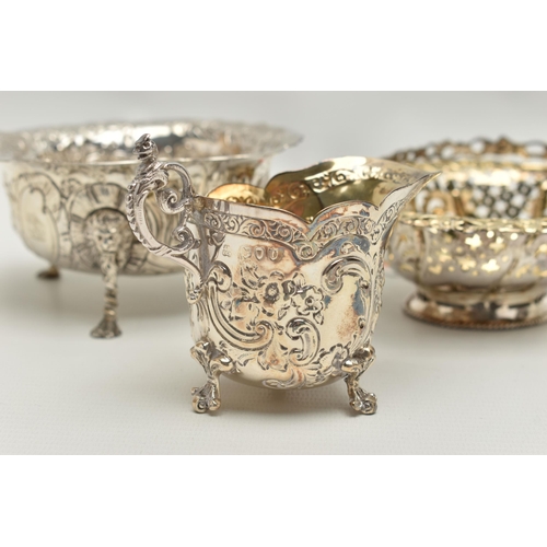 248 - THREE PIECES OF SILVER, to include a gilt pierced basket with engraved crest to the bowl, hallmarked... 