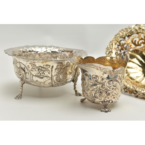 248 - THREE PIECES OF SILVER, to include a gilt pierced basket with engraved crest to the bowl, hallmarked... 