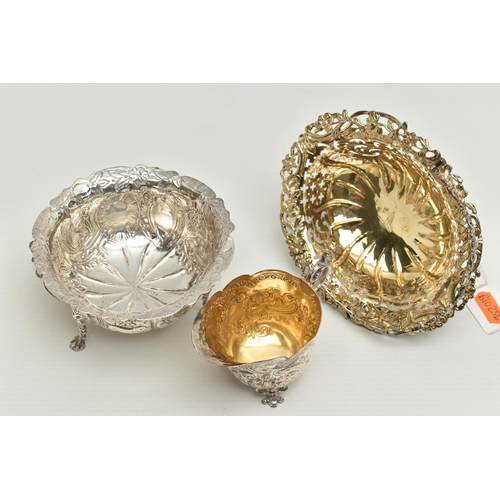 248 - THREE PIECES OF SILVER, to include a gilt pierced basket with engraved crest to the bowl, hallmarked... 