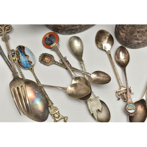 251 - A BOX OF ASSORTED WHITE METAL WARE, to include eight silver teaspoons, a silver fork, a single silve... 