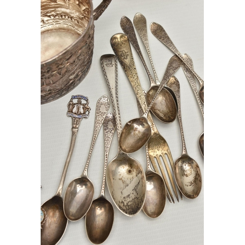 251 - A BOX OF ASSORTED WHITE METAL WARE, to include eight silver teaspoons, a silver fork, a single silve... 