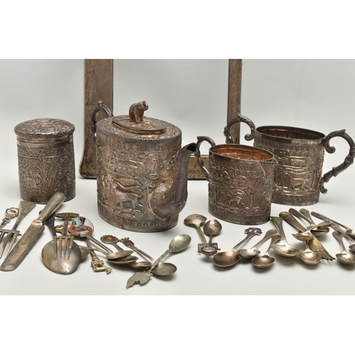 251 - A BOX OF ASSORTED WHITE METAL WARE, to include eight silver teaspoons, a silver fork, a single silve... 